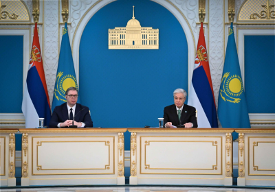 Касым-Жомарт Токаев и Александр Вучич провели брифинг для представителей СМИ